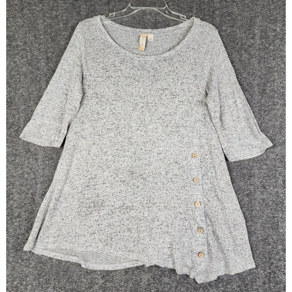 MISIA‎ Tunic Top Women Large Gray Marled Asymmetrical Button 3/4 Sleeve ZT818